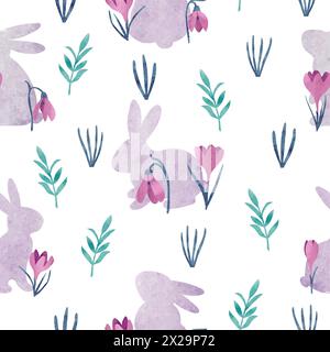 Seamless Easter pattern with bunny and crocus flowers. Vector watercolor illustration Stock Vector