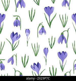Seamless spring flowers pattern with crocus and snowdrop. Vector watercolor illustration Stock Vector
