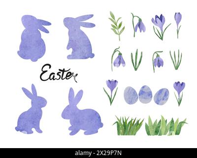 Easter watercolor set. Rabbits, eggs, flowers and branches design elements. Vector illustration Stock Vector