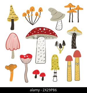 Cartoon mushrooms set. Vector funny mushroom characters with eyes Stock Vector