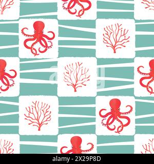 Sea checkered pattern with cute octopus and corals. Vector marine illustration Stock Vector