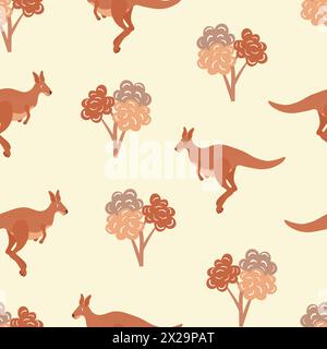 Kangaroo seamless pattern with animals and trees. Vector illustration Stock Vector