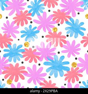 Seamless colorful floral pattern with pink and blue flowers. Vector watercolor illustration Stock Vector