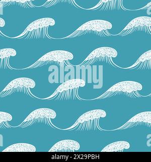 Sea waves seamless pattern. Doodle vector water surface background Stock Vector