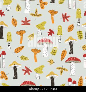 Cartoon mushrooms with eyes and autumn leaves seamless pattern. Funny print with forest characters Stock Vector