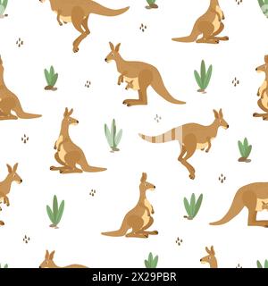 Kangaroo seamless pattern with animals and plants. Vector illustration Stock Vector