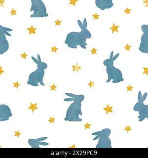 Cute rabbits and stars pattern. Seamless watercolor vector bunny background Stock Vector