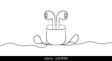 Wireless vacuum headphones drawn in one line on a white background. Stock Vector