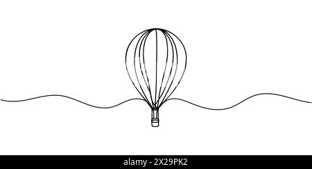 Continuous one line drawing of hot air balloon in sky with clouds. hot air balloon icon in single line doodle style Stock Vector