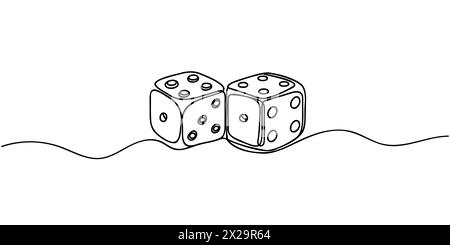 Two dices one line vector illustration. Continuous contour drawing of game dice. Stock Vector