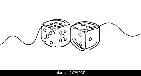 Two dices one line vector illustration. Continuous contour drawing of game dice. Stock Vector