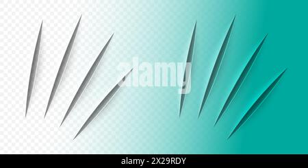 Vector realistic cut with an office knife on paper sheet isolated. Animal claws scratches on transparent background. Stock Vector