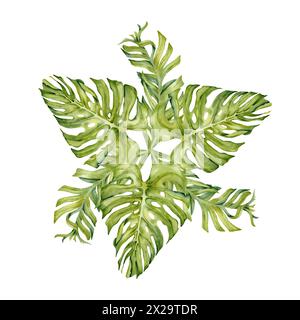 Green tropical leaves watercolor composition. Monstera and banana plant hand drawn branches isolated on white background. Botanical illustration Stock Photo