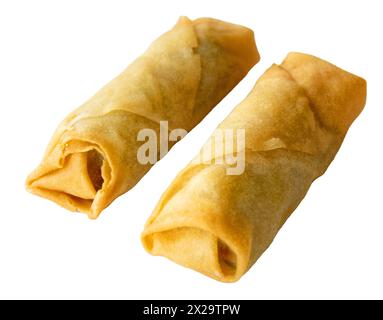 Two spring rolls isolated on white background. Top view close up image. Stock Photo