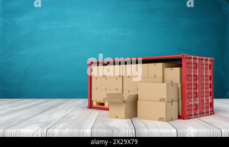 3d rendering of red shipping container filled with cardboard boxes on white wooden floor and dark turquoise background. Stock Photo