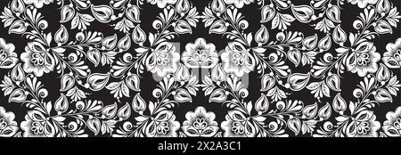 Vintage russian ornament for black white floral print. Seamless pattern. Background khokhloma design. Seamless fabric texture. Tile decor wallpaper. F Stock Vector