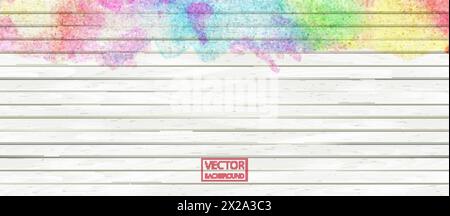 Watercolor rainbow wood banner. Wood plank. Vector art. White and rainbow pattern, texture background, wooden parquet header background texture. Stock Vector