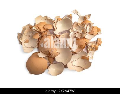 Crushed Eggshell, Calcium Supplement, Cracked Eggshells Broken Egg Shells on White Background Top View. Stock Photo
