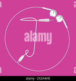 The continuous loop of an earphone wire forms the letter T and a surrounding circle, floating harmoniously on a pink background Stock Vector