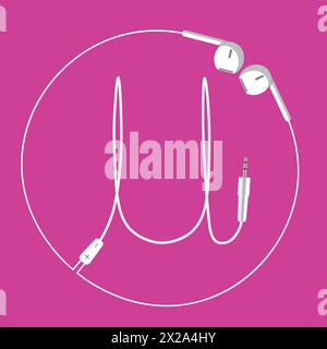 The continuous loop of an earphone wire forms the letter U and a surrounding circle, floating harmoniously on a pink background Stock Vector