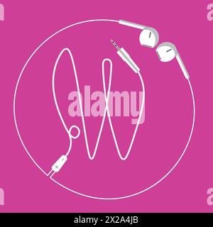 The continuous loop of an earphone wire forms the letter W and a surrounding circle, floating harmoniously on a pink background Stock Vector