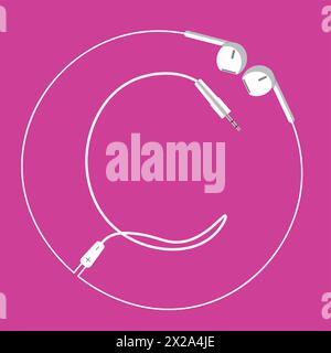 The continuous loop of an earphone wire forms the letter C and a surrounding circle, floating harmoniously on a pink background Stock Vector