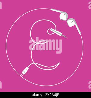 The continuous loop of an earphone wire forms the letter E and a surrounding circle, floating harmoniously on a pink background Stock Vector