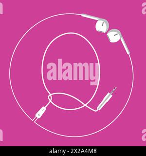 The continuous loop of an earphone wire forms the letter Q and a surrounding circle, floating harmoniously on a pink background Stock Vector
