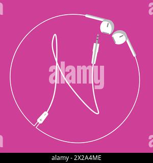 The continuous loop of an earphone wire forms the letter N and a surrounding circle, floating harmoniously on a pink background Stock Vector