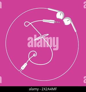 The continuous loop of an earphone wire forms the letter F and a surrounding circle, floating harmoniously on a pink background Stock Vector