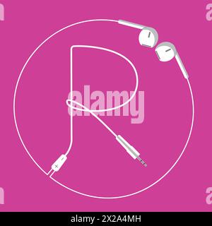 The continuous loop of an earphone wire forms the letter R and a surrounding circle, floating harmoniously on a pink background Stock Vector