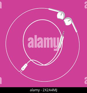 The continuous loop of an earphone wire forms the letter O and a surrounding circle, floating harmoniously on a pink background Stock Vector