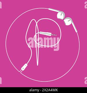 The continuous loop of an earphone wire forms the letter P and a surrounding circle, floating harmoniously on a pink background Stock Vector