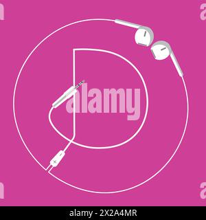The continuous loop of an earphone wire forms the letter D and a surrounding circle, floating harmoniously on a pink background Stock Vector