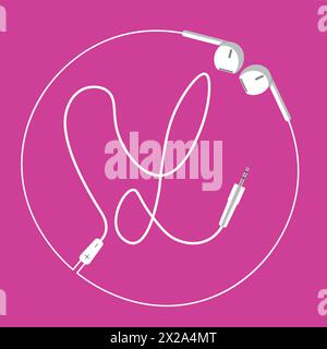 The continuous loop of an earphone wire forms the letter L and a surrounding circle, floating harmoniously on a pink background Stock Vector