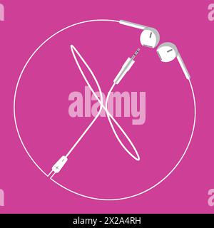 The continuous loop of an earphone wire forms the letter X and a surrounding circle, floating harmoniously on a pink background Stock Vector