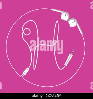 The continuous loop of an earphone wire forms the letter H and a surrounding circle, floating harmoniously on a pink background Stock Vector