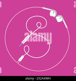 The continuous loop of an earphone wire forms the letter S and a surrounding circle, floating harmoniously on a pink background Stock Vector