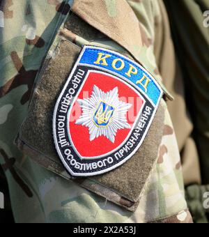 Chevron of KORD (police special forces, Ukrainian SWAT) on a soldier sleeve. September 5, 2018. Kiev, Ukraine Stock Photo