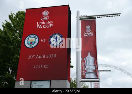 London, UK. 20th Apr, 2024. An electronic sign at the Emirates FA Cup Semi-Final match, Manchester City v Chelsea, at Wembley Stadium, London, UK on 20th April, 2024 Credit: Paul Marriott/Alamy Live News Stock Photo