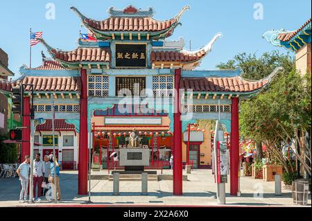 Chinatown East Gate in Los Angeles, CA. Located in the downtown area of LA Chinatown houses approximately 20.000 residents. Stock Photo
