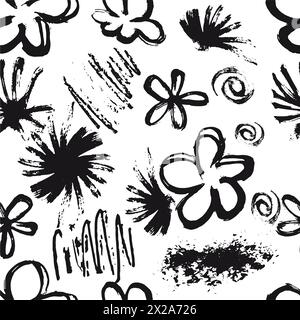 Seamless pattern with hand drawn abstract ink texture with doodle flower. Black and white endless vector background. mark making Stock Vector