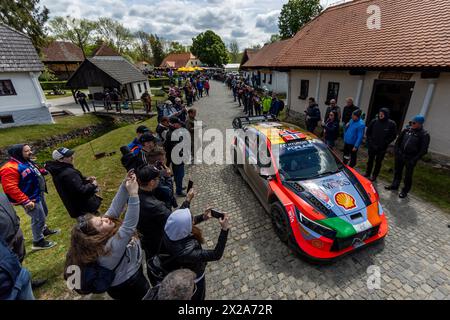 KUMROVEC, CROATIA - APRIL 21: Passage of drivers through the center of Kumrovac before the start of the speed test. Andreas Mikkelsen (Norway) and Torstein Eriksen (Norway) from the Hyundai Shell Mobis World Rally Team in the Hyundai i20 N Rally1 Hybrid during Day Four on April 21, 2024 in Kumrovec, Croatia. Photo: Igor Kralj/Pixsell Stock Photo