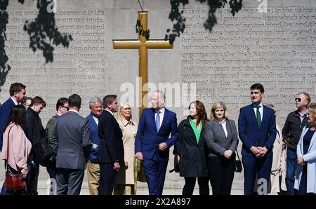 Tanaiste Micheal Martin (centre) and party colleagues attending Fianna Fail’s annual 1916 Easter Rising commemoration at Arbour Hill cemetery, Dublin. Picture date: Sunday April 21, 2024. Stock Photo