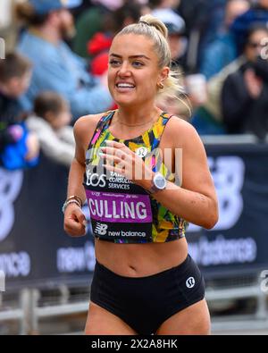 London, UK. 21st Apr, 2024. A smiling Anya Cullings, who took up running during Covid lockdown for her mental health, on the home straight of today's London Marathon finishes in a time of 2 hours 44 minutes, placed 45th overall. Anya ran her first London Marathon in 2019, finishing in a time of 4 hours 34 minutes. Credit: MartinJPalmer/Alamy Live News Stock Photo