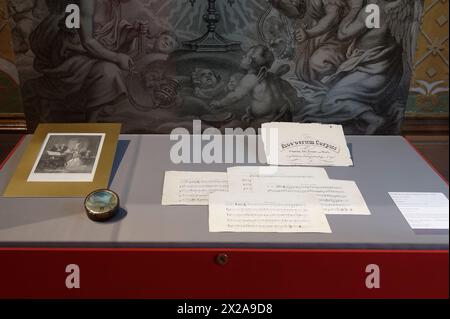 Göttweig, Lower Austria, Austria. Museum in the imperial wing of Göttweig Abbey. Music sheet  by Wolfgang Amadeus Mozart in the showcase Stock Photo