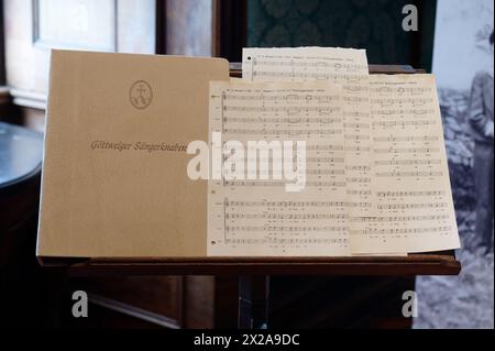 Göttweig, Lower Austria, Austria. Museum in the imperial wing of Göttweig Abbey. Göttweiger Boys' Choir. Music Sheet  by Wolfgang Amadeus Mozart Stock Photo