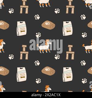 Cartoon dogs and equipment seamless pattern. Cute doodle poodle, terrier and bulldog home pets with supplies, toys, bed, bowl, food and leash, towel. Stock Vector