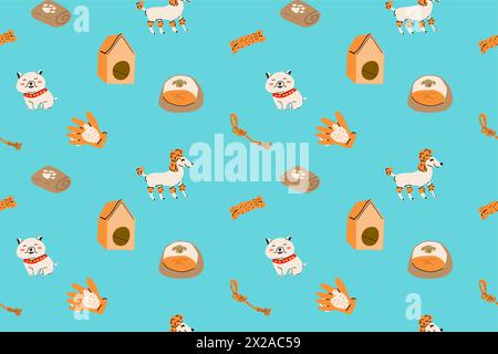 Cartoon dogs and equipment seamless pattern. Cute doodle poodle, terrier and bulldog home pets with supplies, toys, bed, bowl, food and leash, towel. Stock Vector