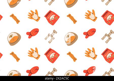 Cartoon dogs and equipment seamless pattern. Cute doodle poodle, terrier and bulldog home pets with supplies, toys, bed, bowl, food and leash, towel. Stock Vector